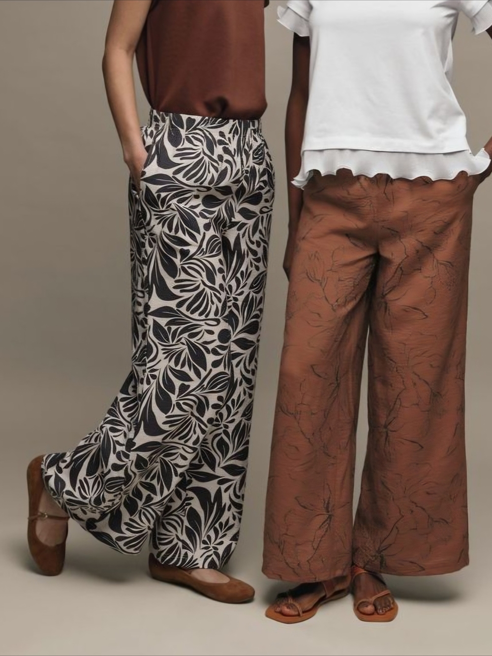 Wide-Leg Printed Pants - Brown & Black Floral